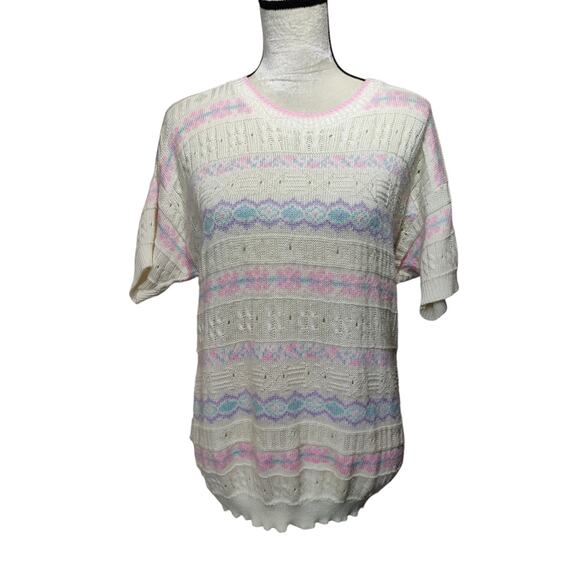 Vintage 80s Short Sleeve Fairy Kei Kawaii Pastel Slouchy Sweater Lightweight - Picture 1 of 7
